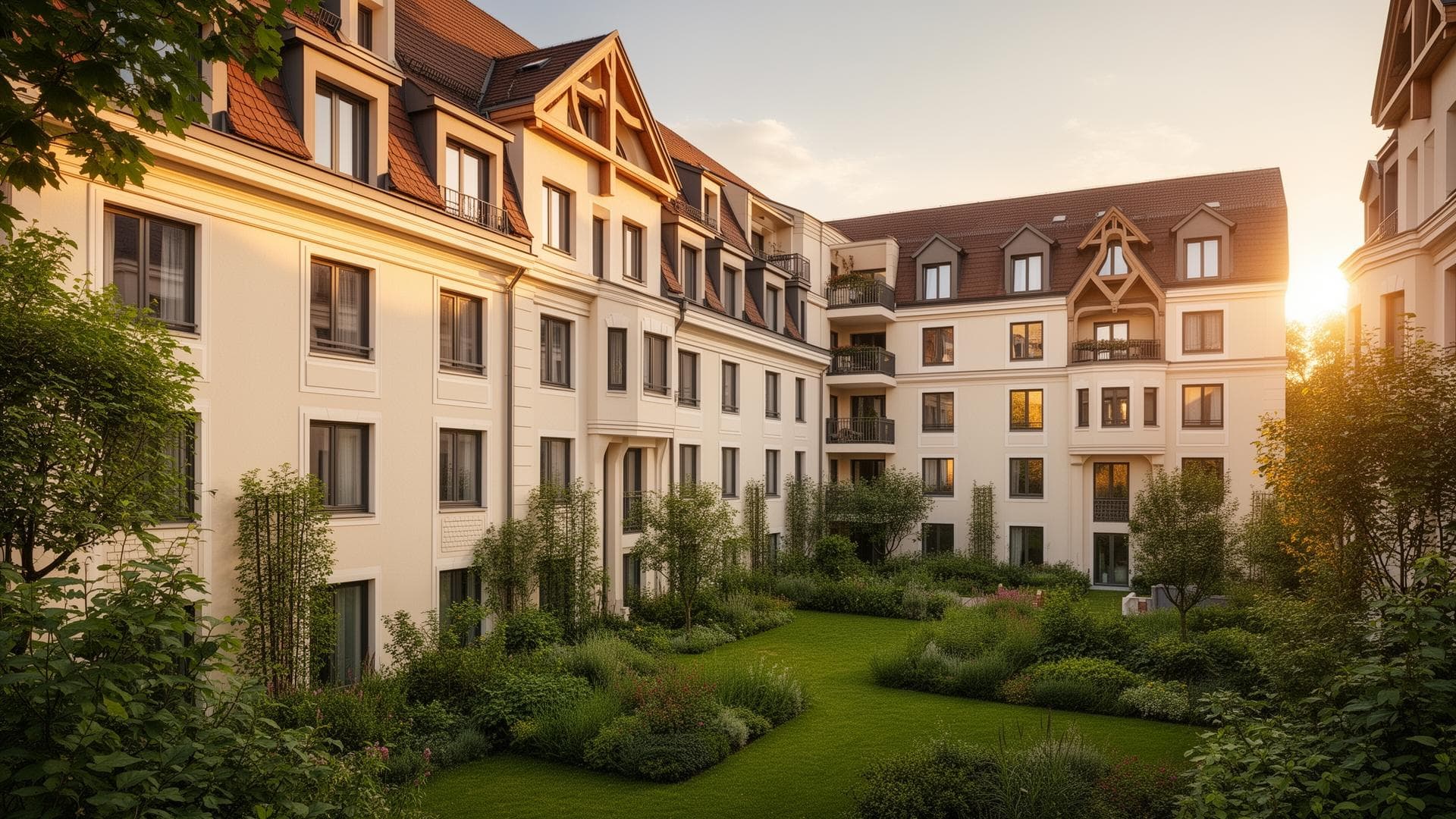 Wohnanlage mit begrüntem Innenhof und Balkonen